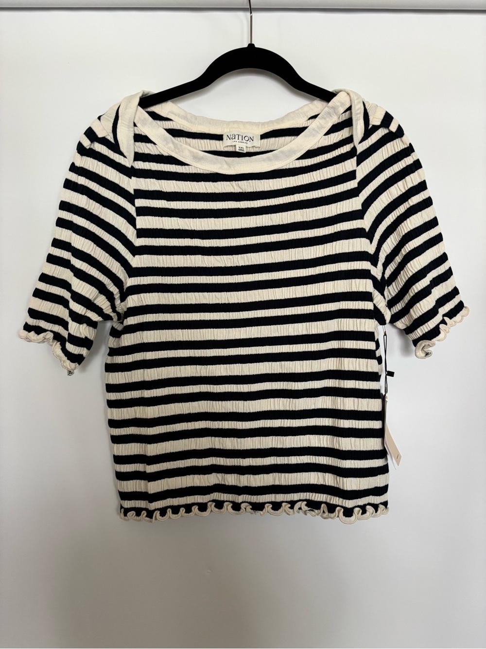 Nation Los Angeles April Ruched Half-Sleeve Top in black white stripes Size XXL